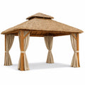 Pavillon de jardin en bois avec toit en chaume naturel et rideaux en polyester