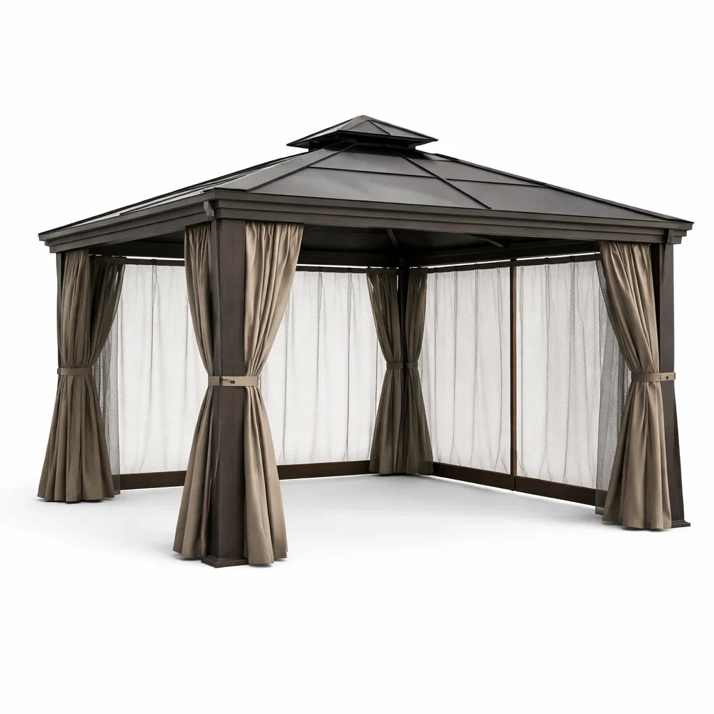 Pavillon de jardin en aluminium avec toit en acier et rideaux taupe 3x4m