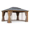 Tonnelle en Bois avec Toit en Acier et Rideaux en Polyester Beige 4x3m
