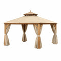 Pavillon en bois avec toit en acier et rideaux en polyester Beige 3x3m
