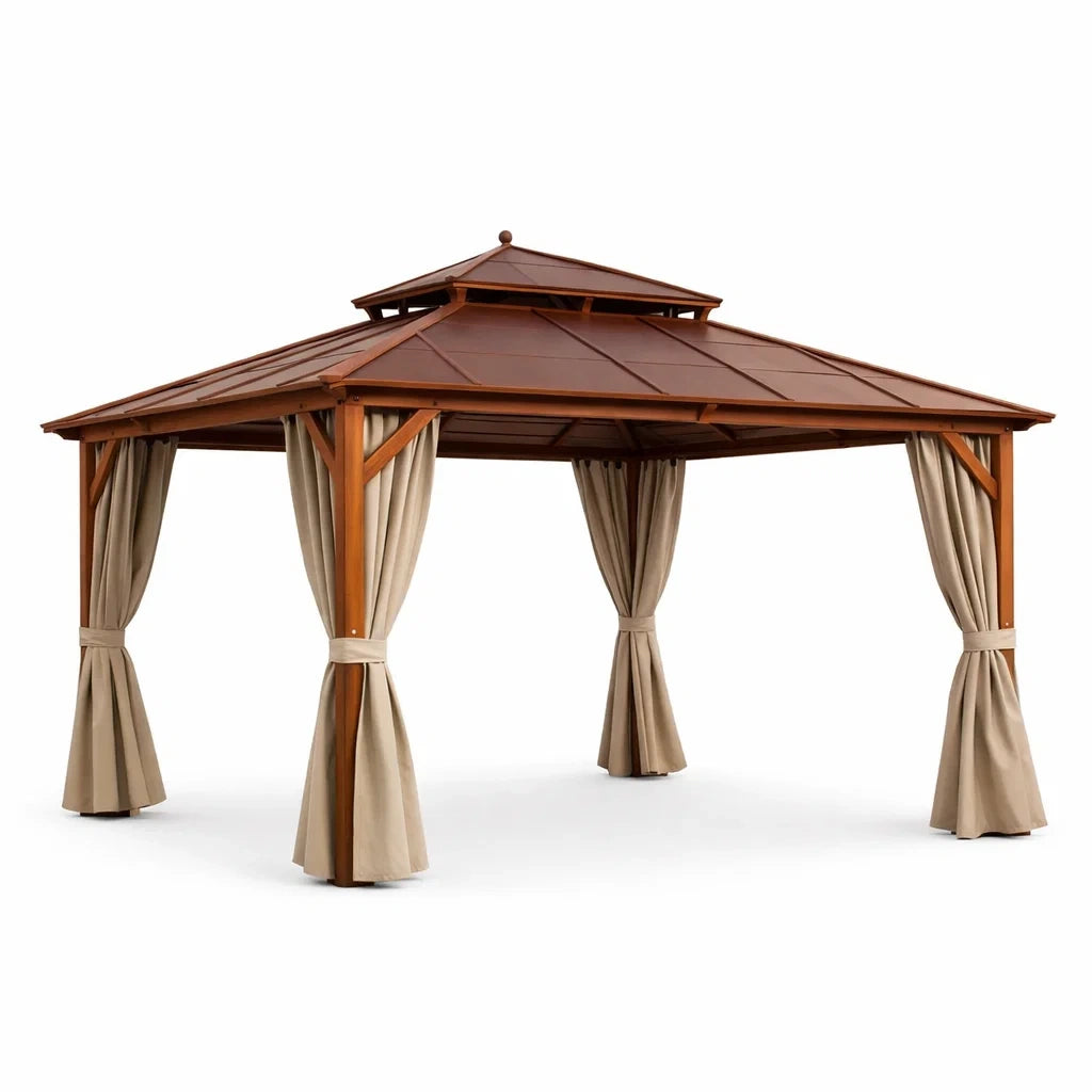 Tonnelle en bois avec toit en métal et rideaux écrus 3x4m