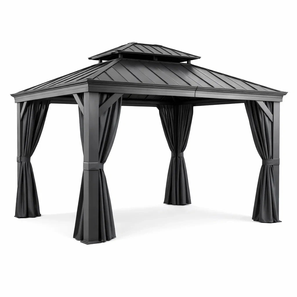 Pavillon en Aluminium avec Toit Double et Rideaux en Polyester