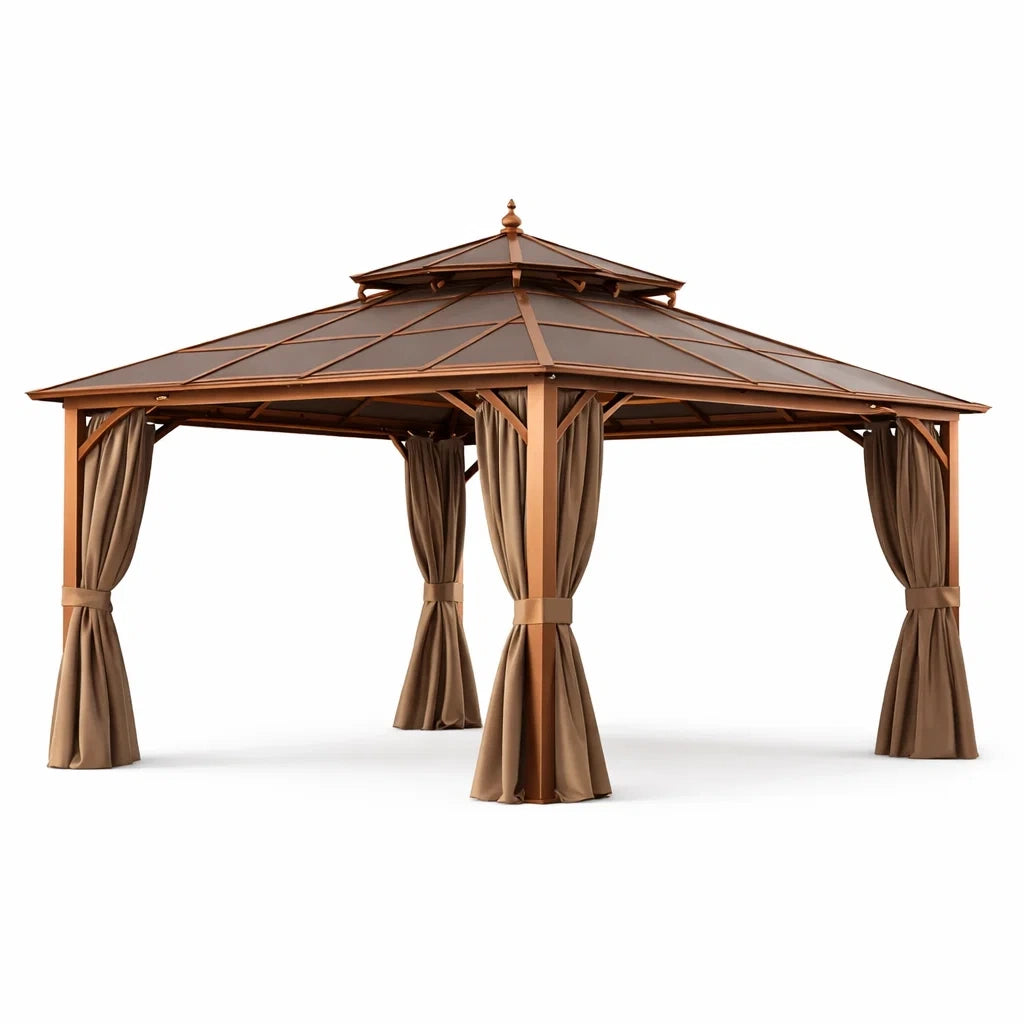 Tonnelle de Jardin en Aluminium avec Rideaux en Polyester Châtaigne 300x300 cm