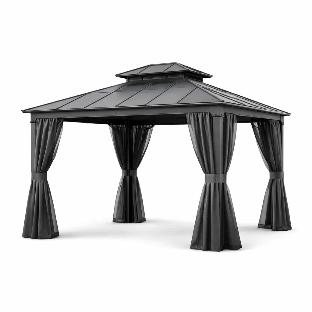 Pavillon de Jardin en Aluminium avec Toit en Acier Galvanisé et Rideaux en Polyester Noir 3x4m