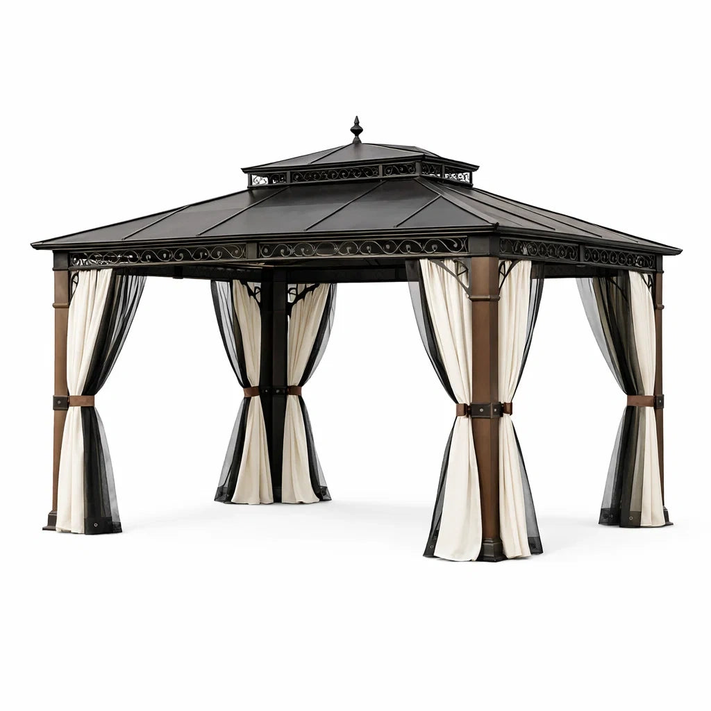Pavillon en aluminium avec toit en acier et rideaux en polyester
