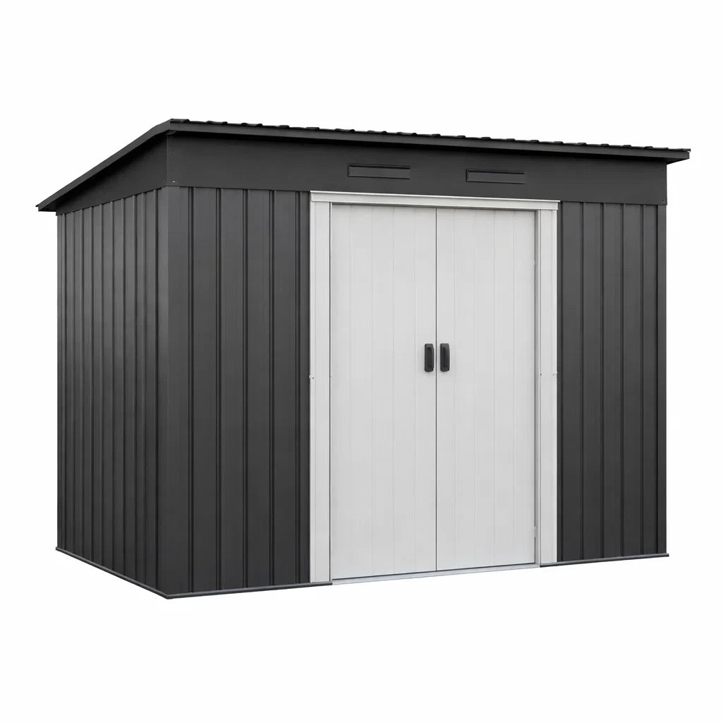 Abri de jardin en acier gris foncé et blanc avec portes coulissantes