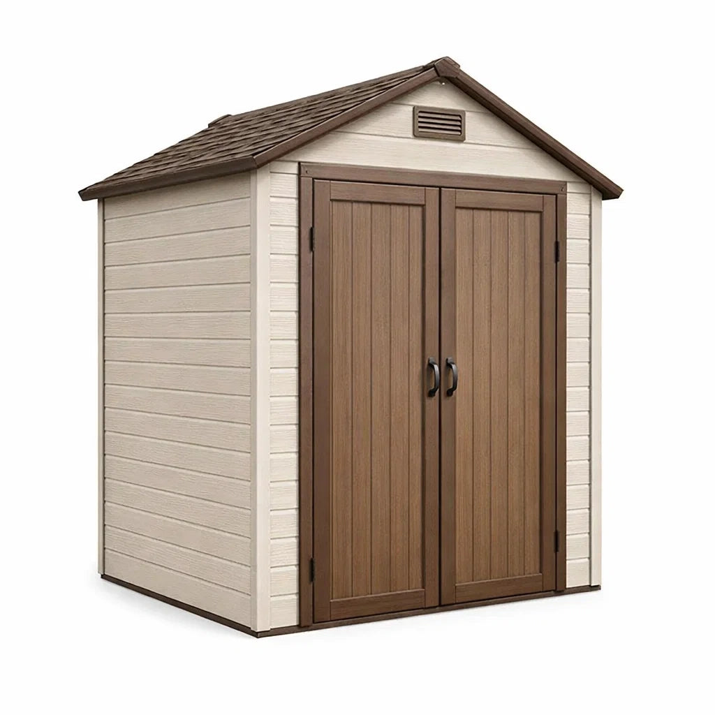 Abri de jardin en résine brun et beige 185x152x226 cm