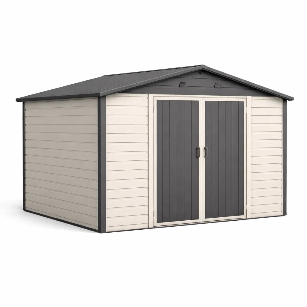 Abri de Jardin en Résine Beige et Gris avec Portes Doubles